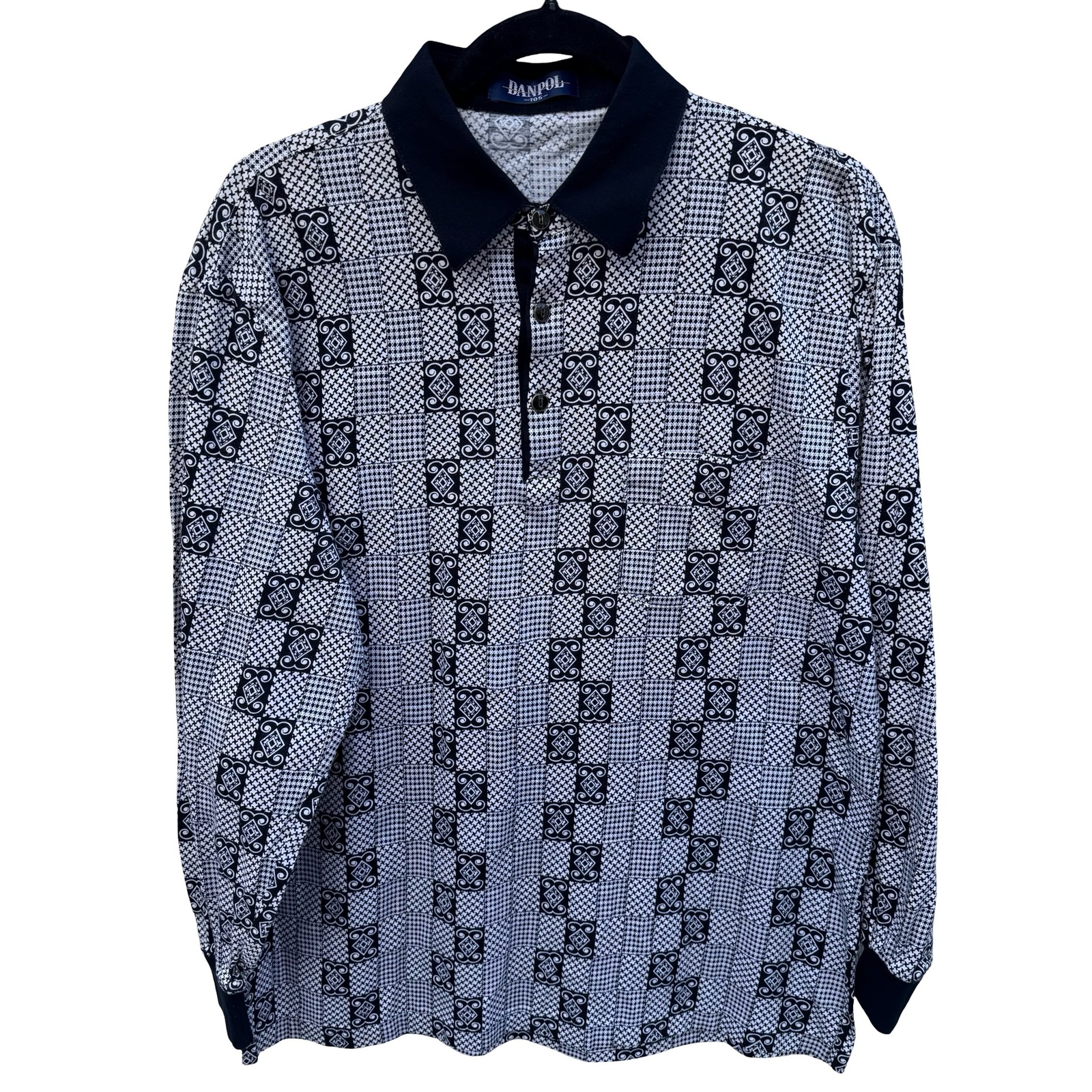 Danpol Mens Vintage Geometric Houndstooth Patchwork Long Sleeve Polo Shirt Black